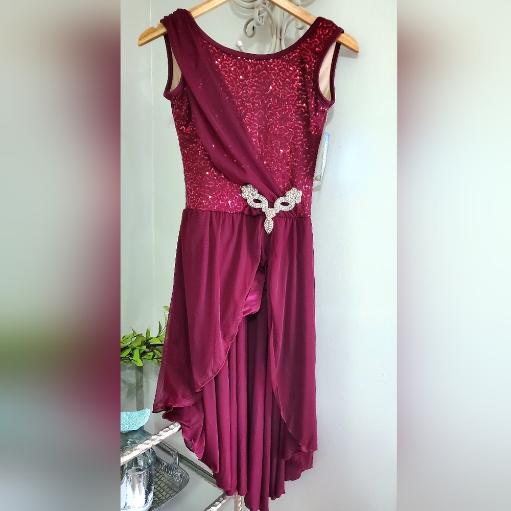 Double Platinum Burgundy Lyrical Sequin Rhinestone Long Lyrical Costume Small
